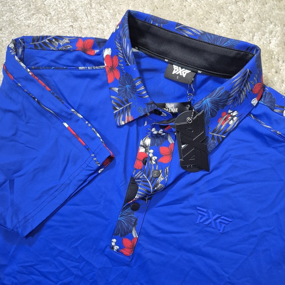PXG Performance Polo Shirt Mens Small Blue Aloha Floral Parsons Xtreme Golf Logo